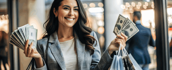 Smiling businesswoman holding cash and shopping bags, symbolising financial success and smart money management.