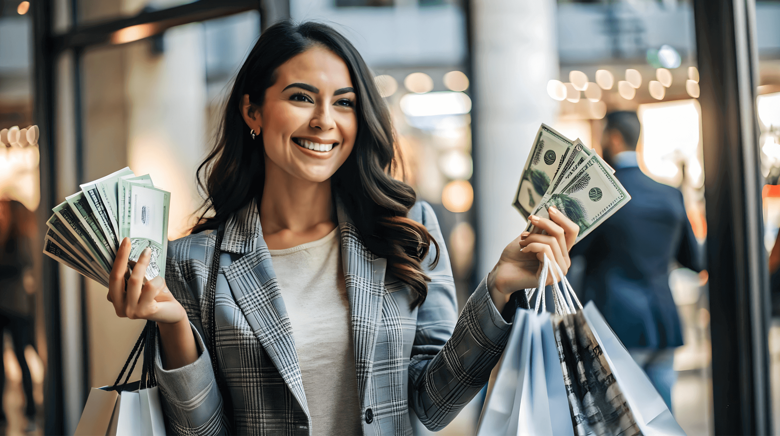 Smiling businesswoman holding cash and shopping bags, symbolising financial success and smart money management.