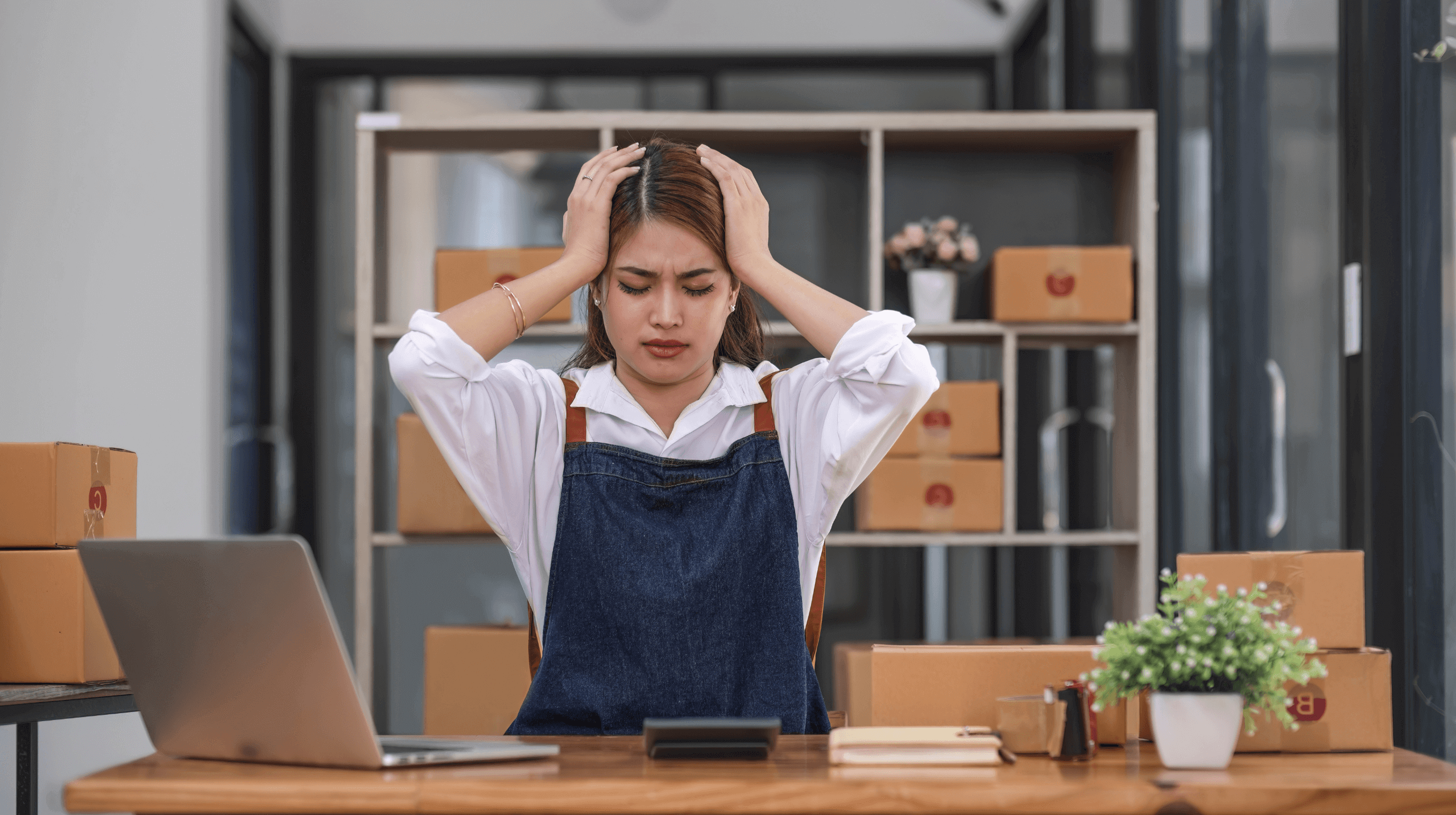 Small business owner looking stressed while working on finances at a desk with a laptop, calculator, and boxes in the background.